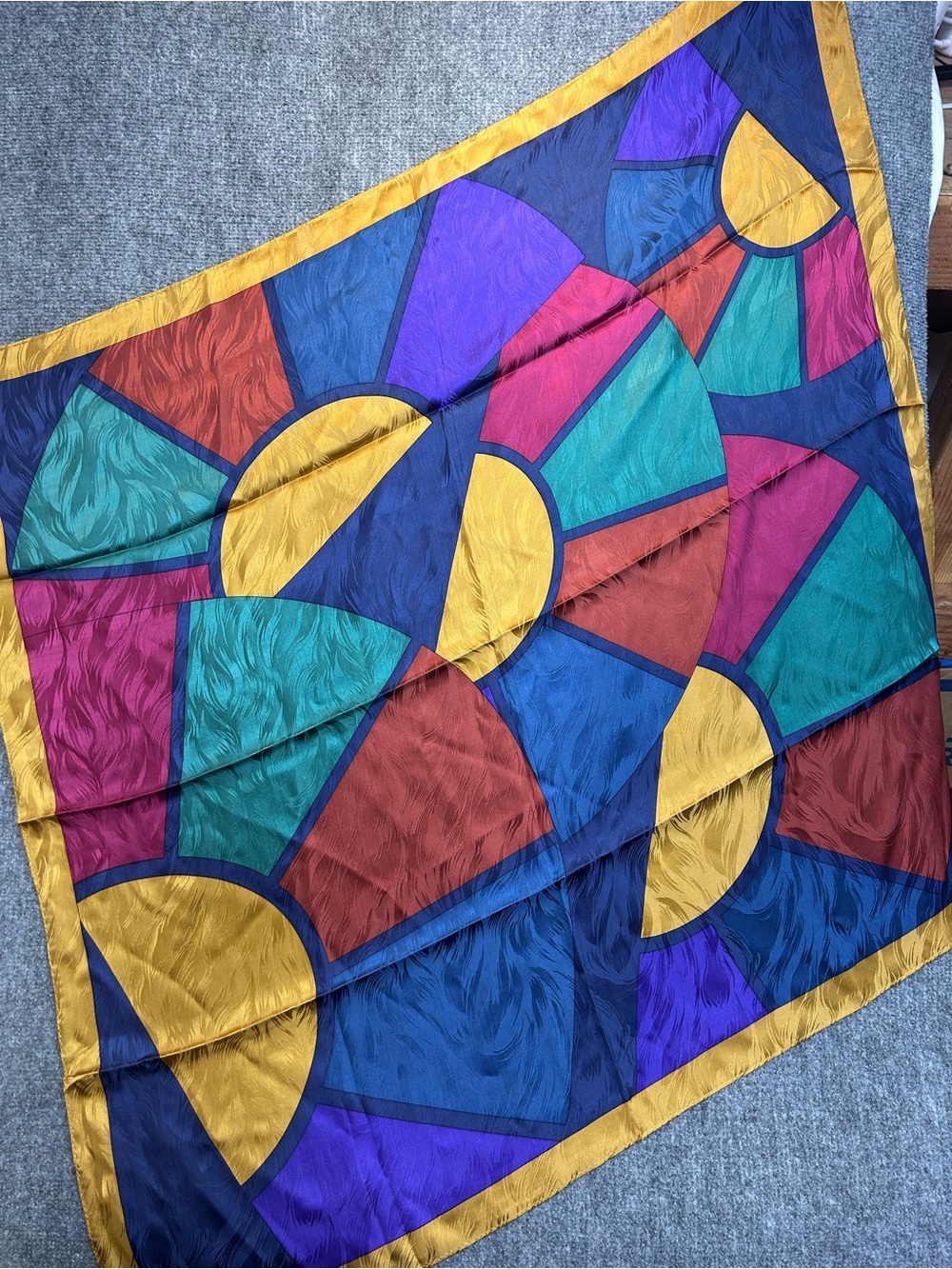 Multicolor Vintage 1990’s Geometric Silk Scarf with Gold Trim